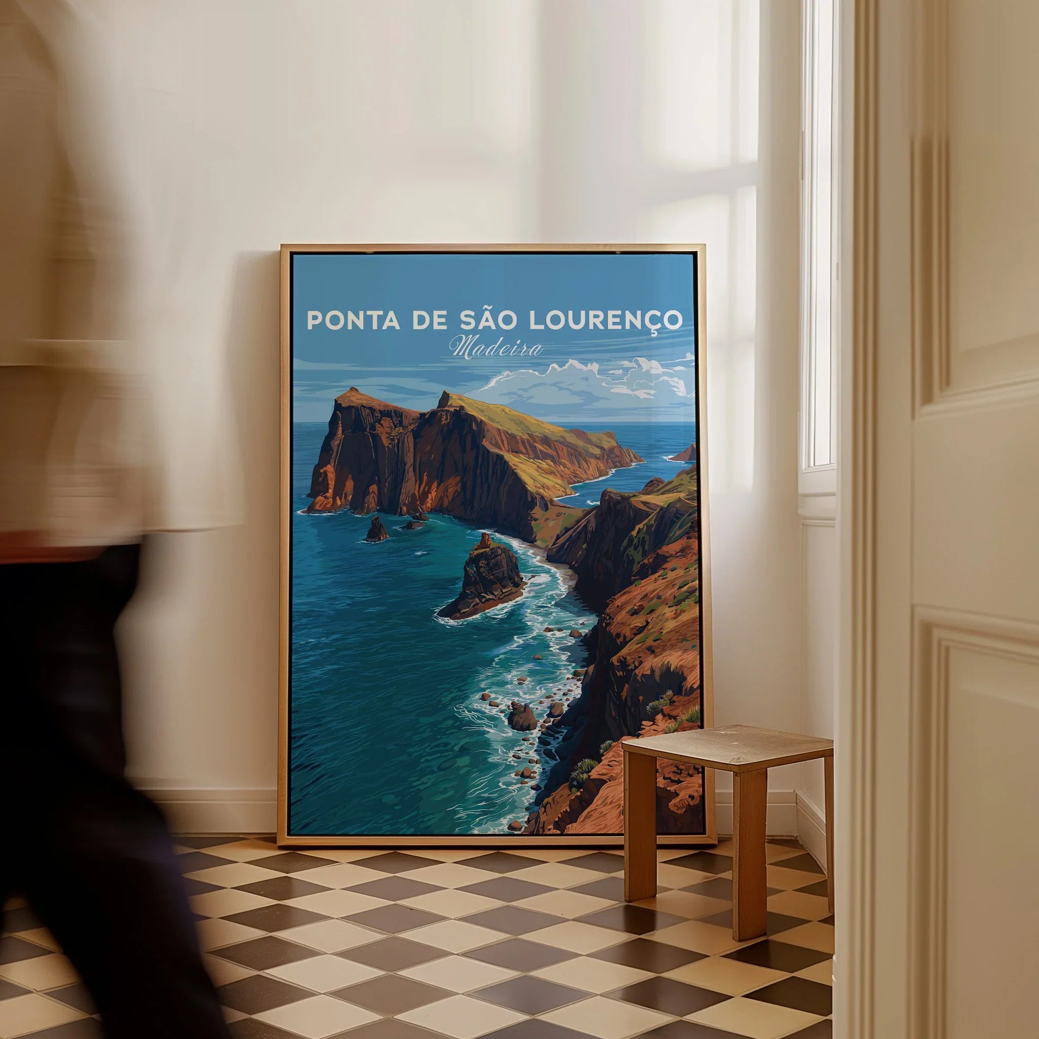 Framed Ponta de São Lourenço Madeira travel poster with cliffs and ocean on floor, man walking by.