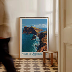 Framed Ponta de São Lourenço Madeira travel poster on floor, man walking past, home decor