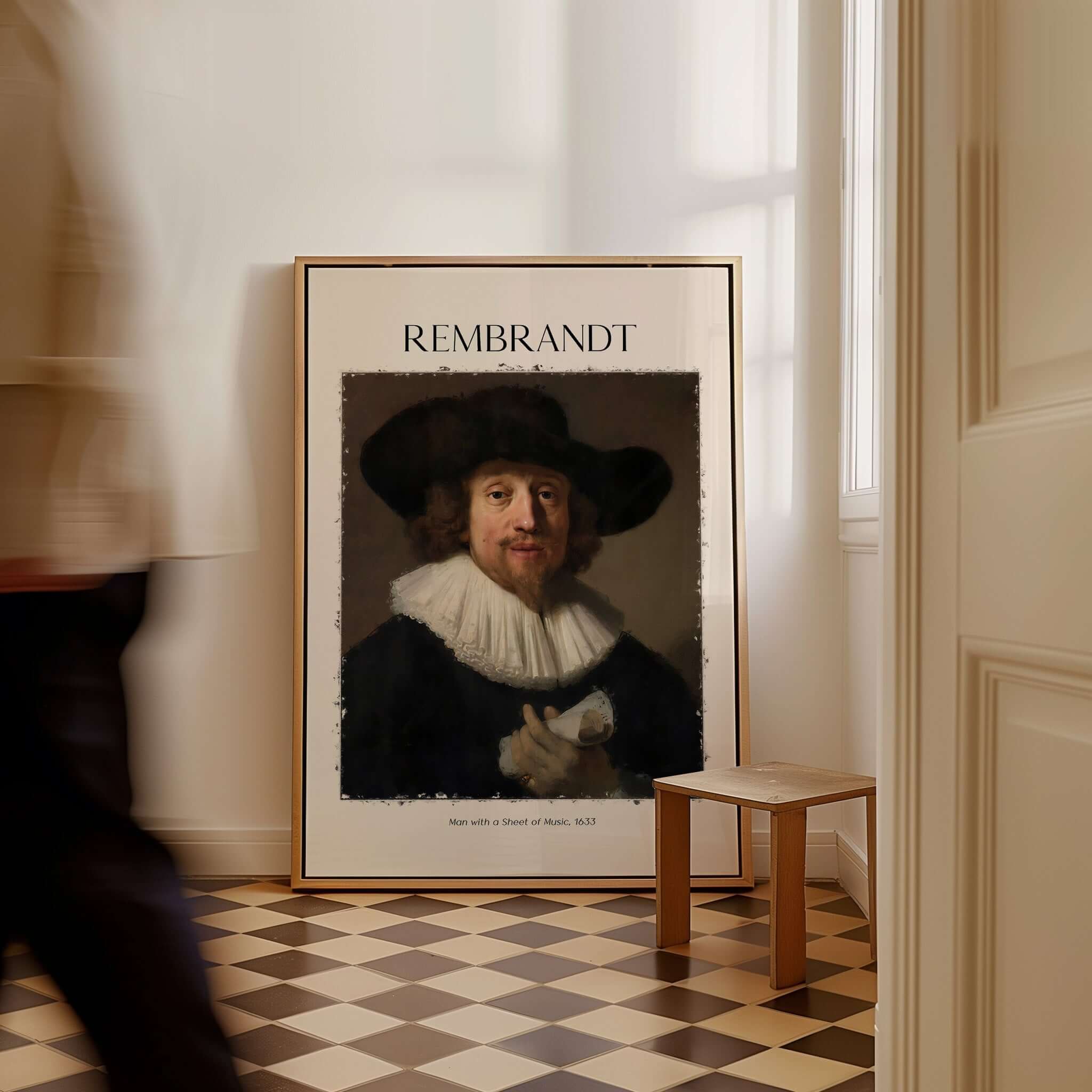 Rembrandt Man with Sheet Music 1633 Portrait Art Print Dutch Master Poster displayed in interior setting.