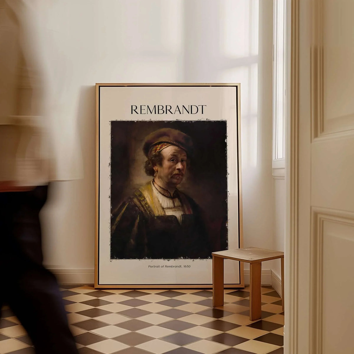 Rembrandt Self Portrait 1650 Dutch Master Painter Art Print Poster Wall Decor displayed in an elegant interior setting.