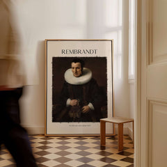 Rembrandt Old Lady with Book 1637 Portrait Print Dutch Golden Age Poster Art displayed in a stylish interior.