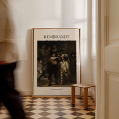 Rembrandt The Night Watch 1642 Famous Dutch Master Painting Art Print Poster displayed in a stylish interior.