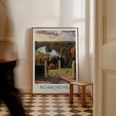 Richmond Hill London travel poster framed on floor in bright hallway with checkered tiles