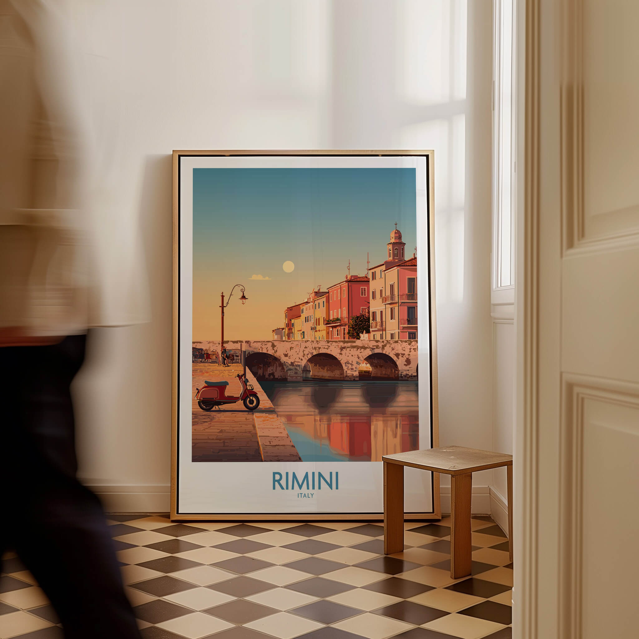Rimini Italy Poster | Vintage Vespa & Historic Bridge Canvas Print displayed in a stylish interior setting.