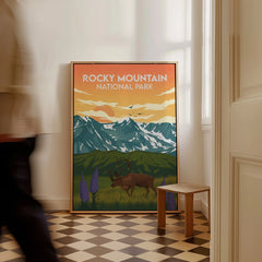 Framed Rocky Mountain National Park travel poster with elk and mountains on checkered floor