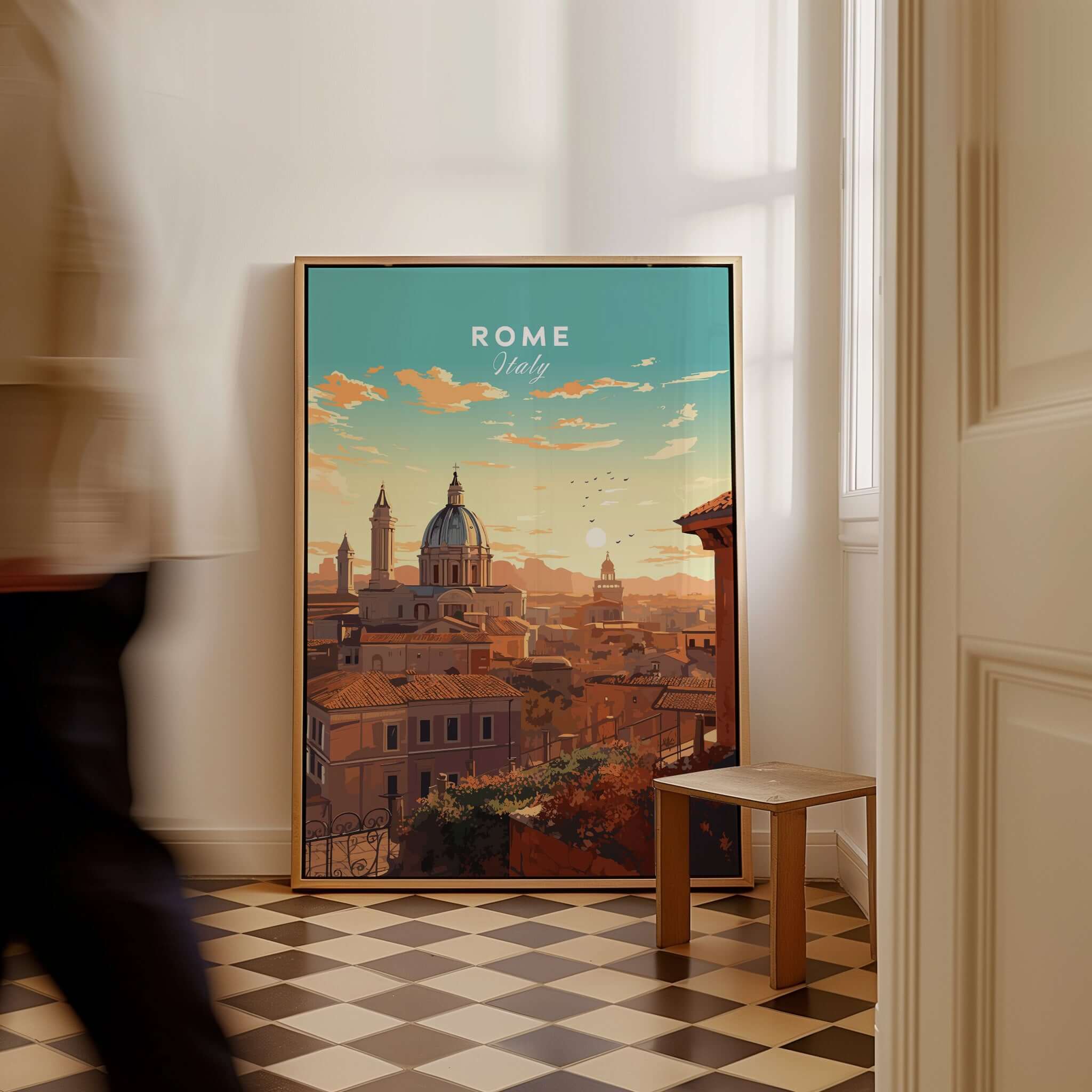 Rome Print showcasing a beautiful sunset over the city of Rome, Italy, perfect for home decoration.