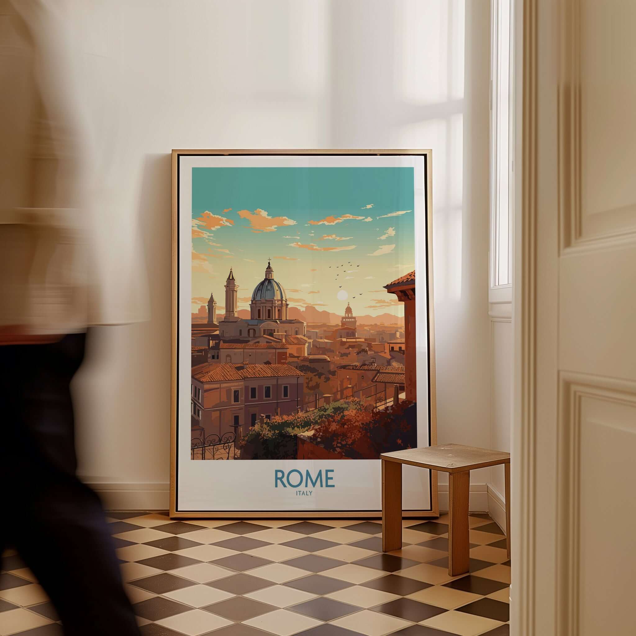 Rome Poster showcasing a stunning view of the city with colorful skies and architecture, perfect for home decor.