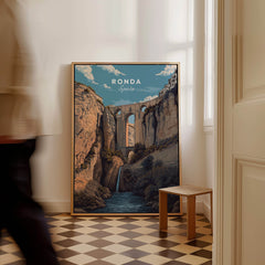 Ronda Spain Wall Art Print | Puente Nuevo Gorge Waterfall Travel Poster displayed in a stylish interior.