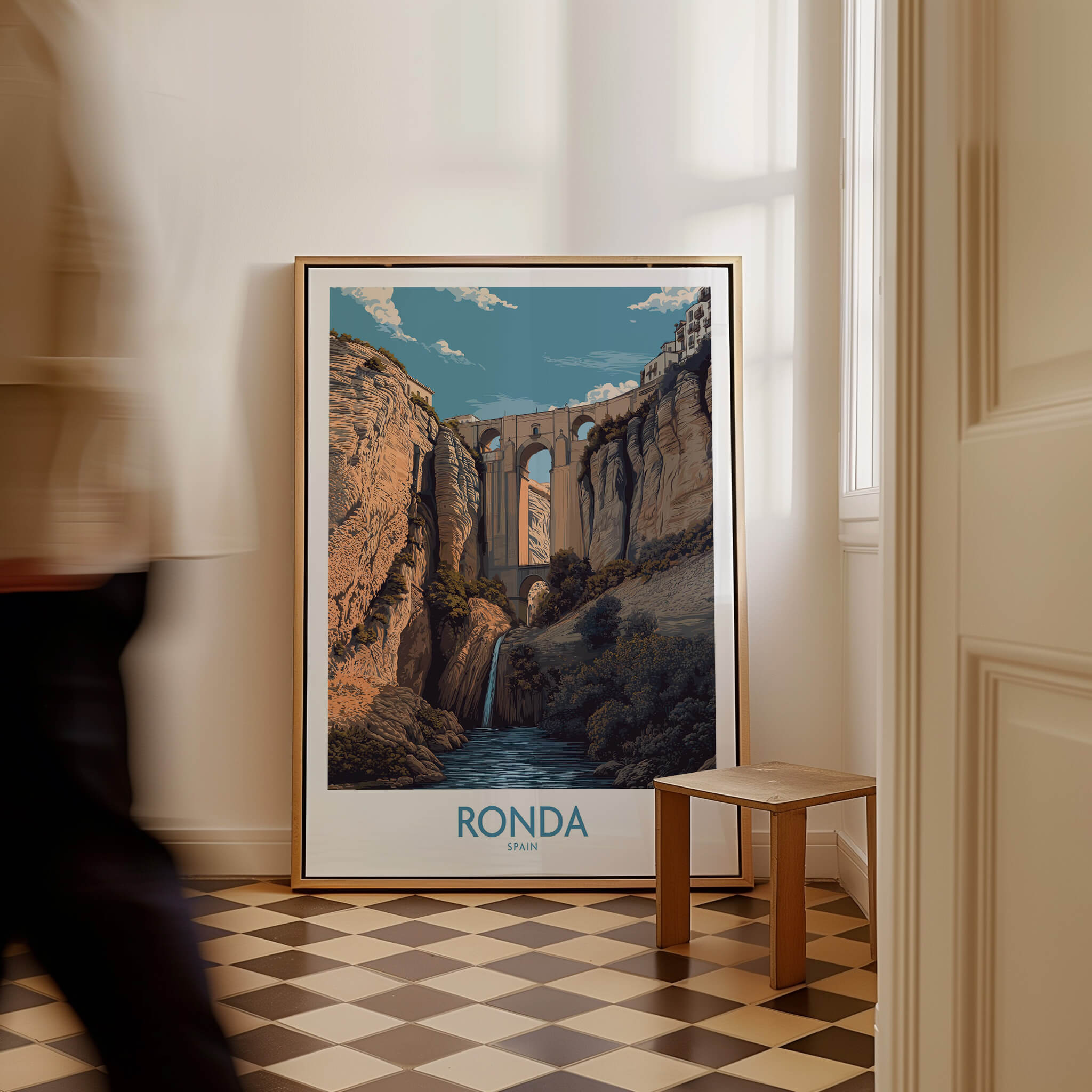 Ronda Spain Poster | Dramatic Andalusian Mountain Bridge Canvas Print displayed in a stylish interior setting.