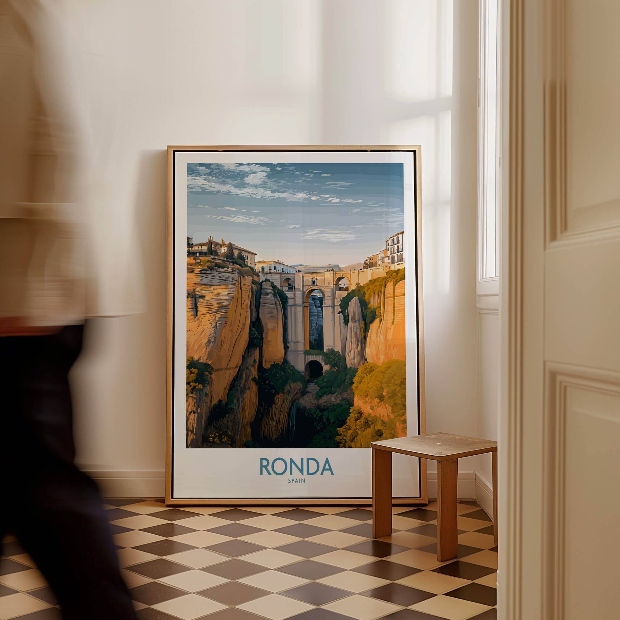 Ronda Spain Poster | Iconic Stone Bridge & Valley View Canvas Print displayed in stylish room interior.