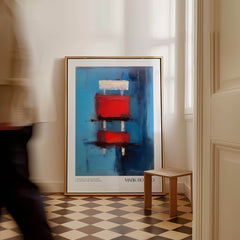 Rothko Inspired Abstract Red Blocks Art Print | Blue Background Wall Decor displayed in a modern interior.