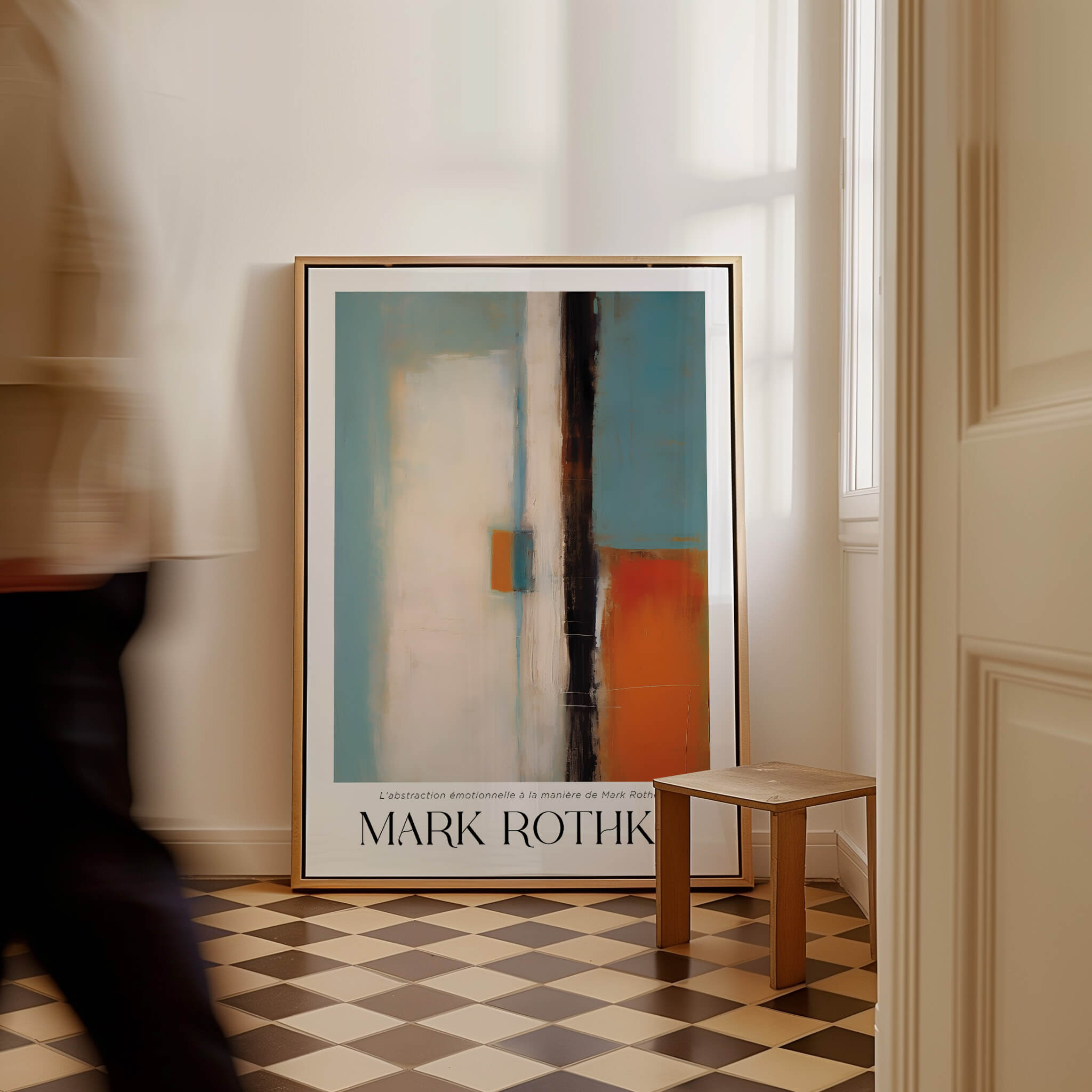 Rothko Inspired Abstract Teal and Orange Art Print | Minimalist Canvas Poster displayed in a modern interior setting.