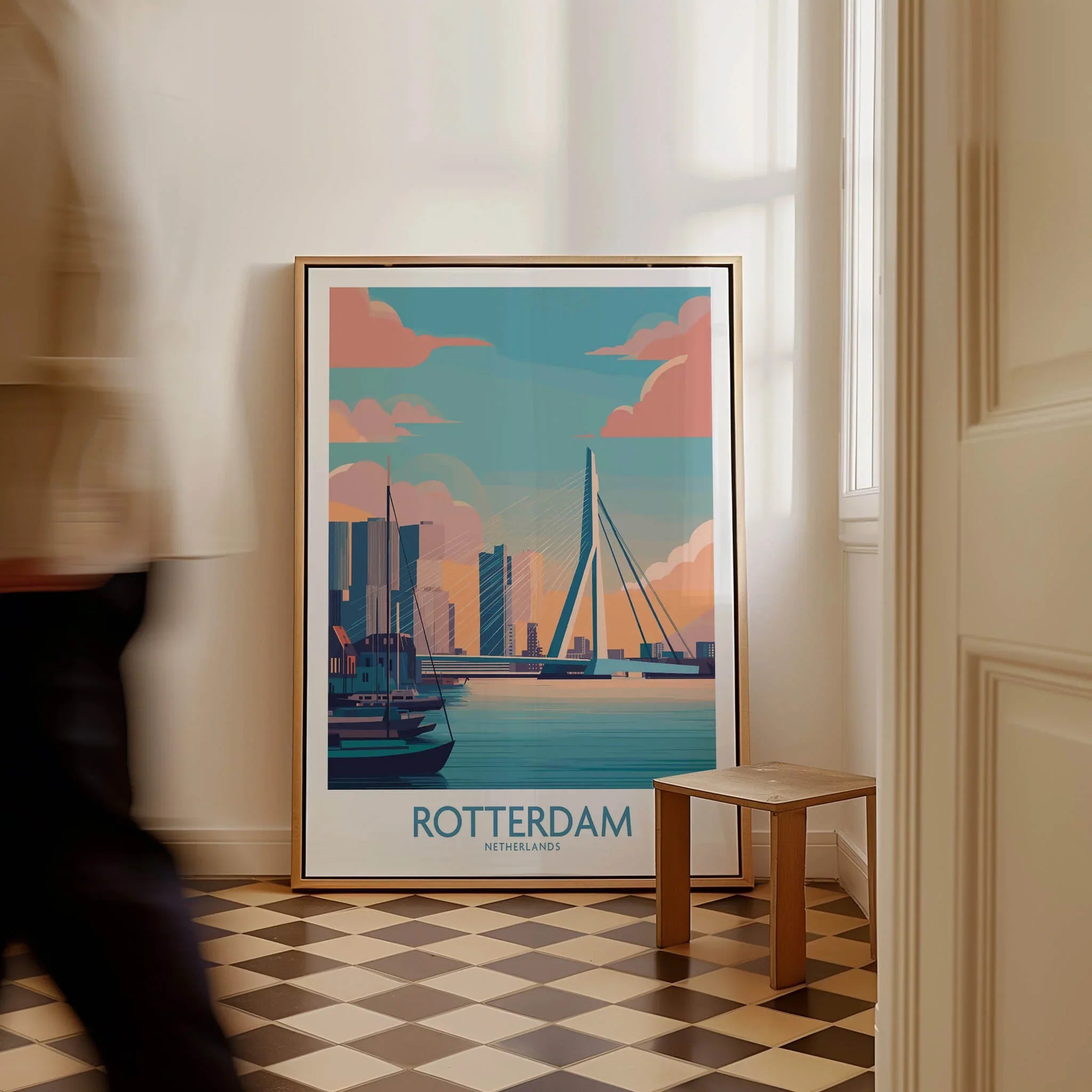 Framed Rotterdam city skyline wall art with bridge on floor in bright entryway