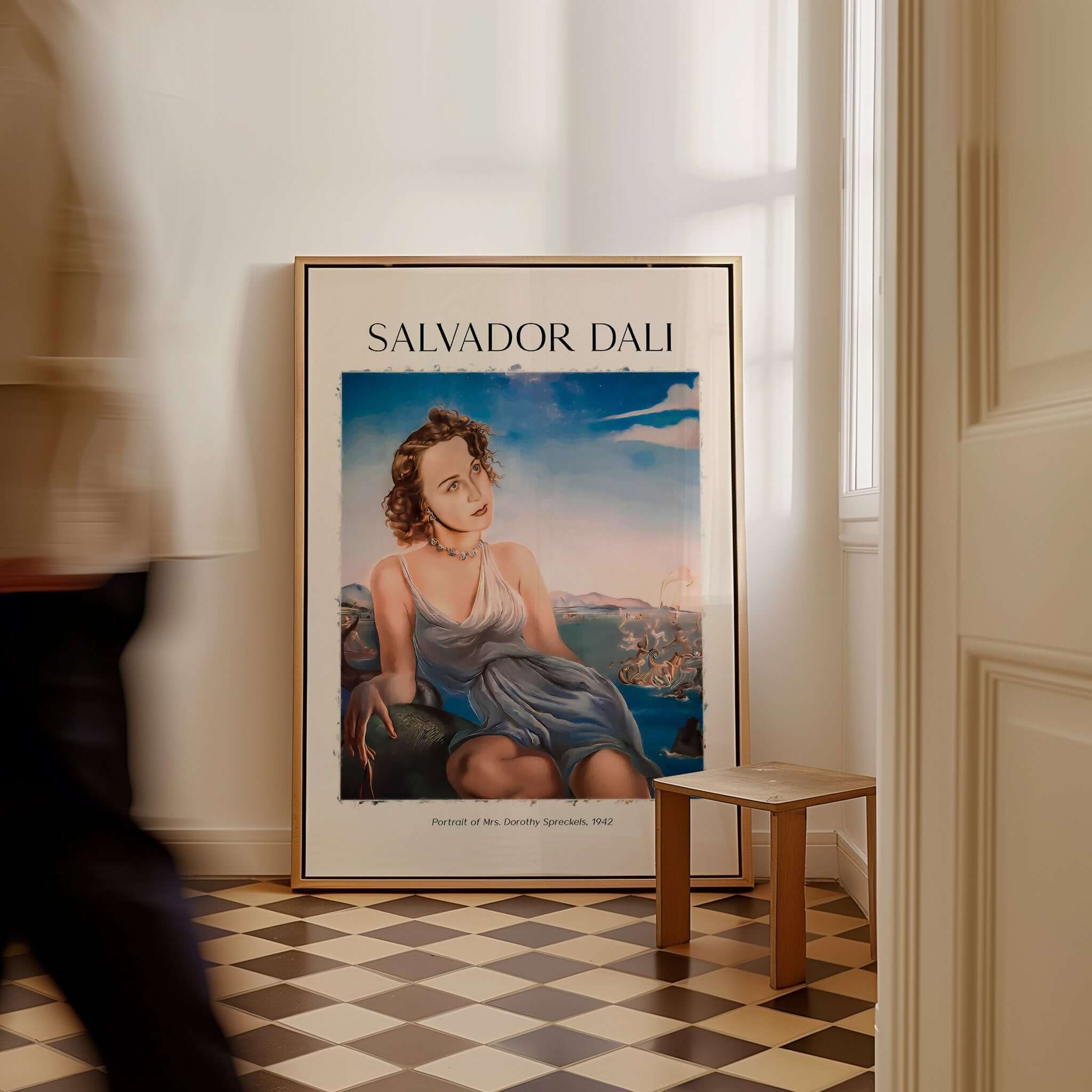 Salvador Dali Portrait Mrs Dorothy Spreckels 1942 Surrealist Seascape Art Print Poster displayed in a stylish interior.