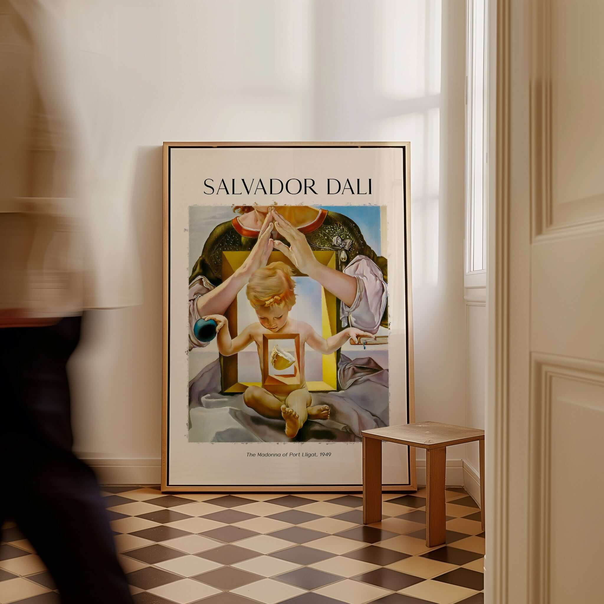 Salvador Dali Madonna Port Lligat 1949 Surrealist Religious Art Print Poster Gala displayed in a cozy interior.