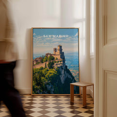 San Marino Wall Art Print | Mount Titano Citadel Travel Poster displayed in a stylish interior setting.
