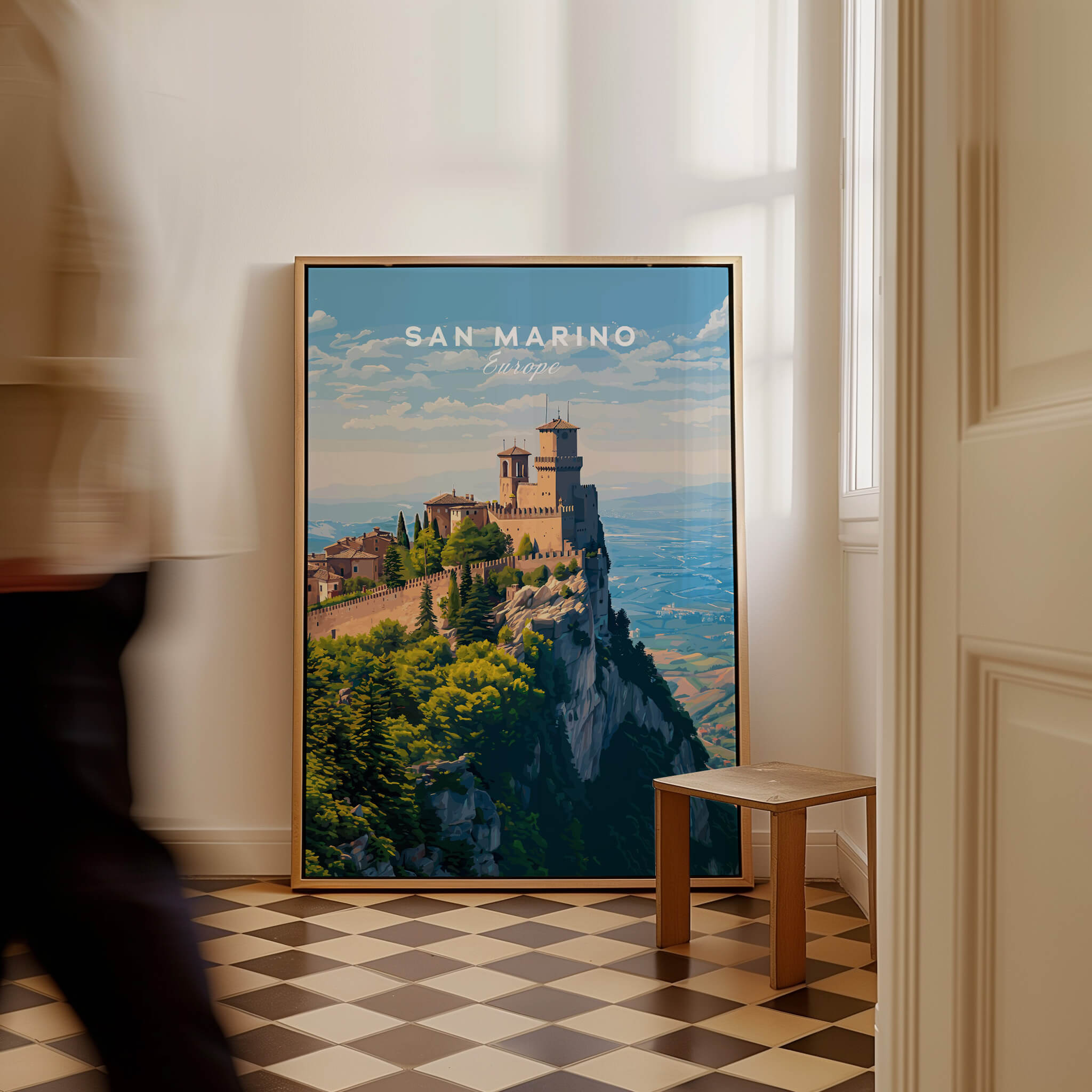 San Marino Wall Art Print | Mount Titano Citadel Travel Poster displayed in a stylish interior setting.