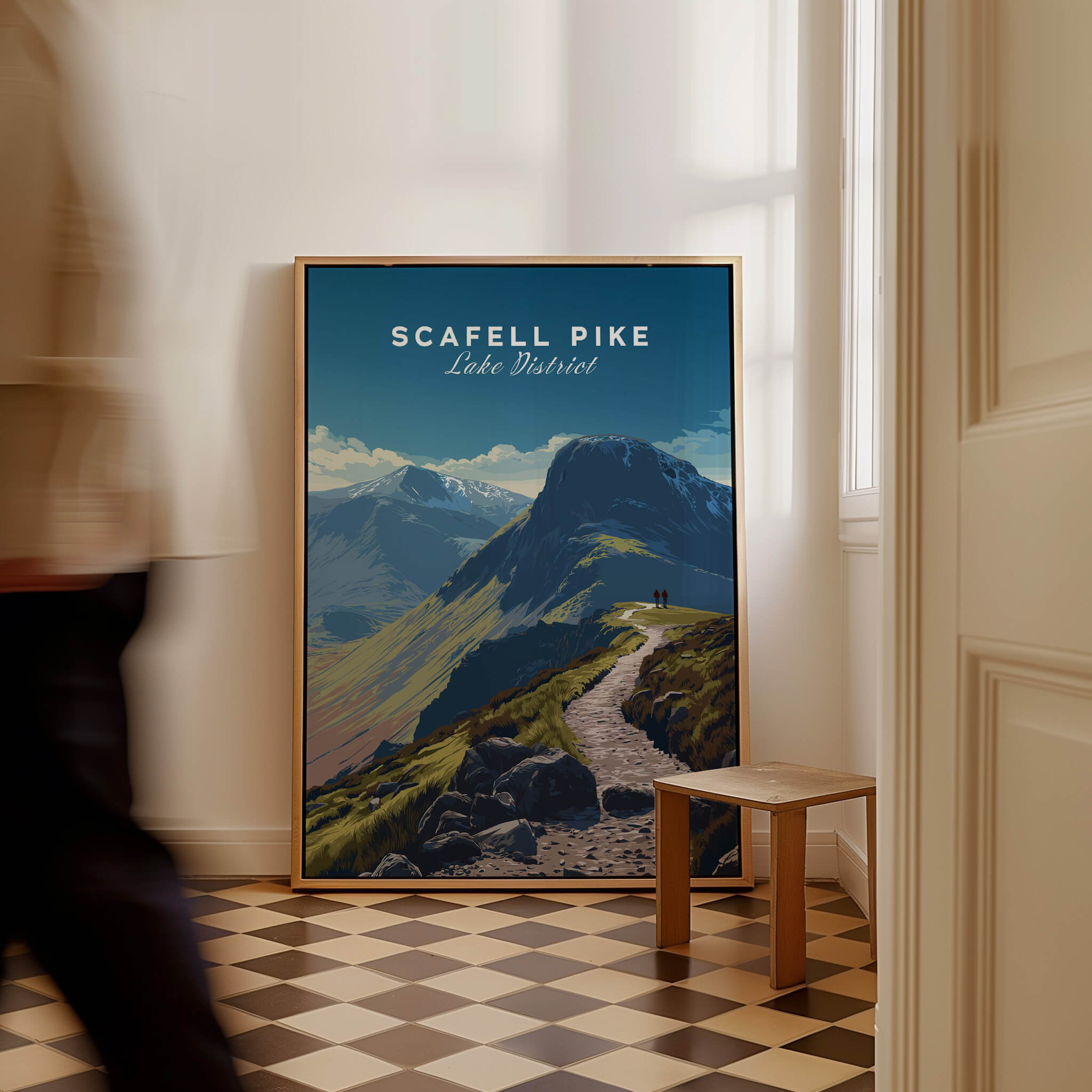 Scafell Pike Lake District Wall Art Print | English Mountain Peak Travel Poster displayed in a stylish interior.