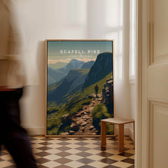Scafell Pike Lake District Travel Poster | Mountain Valley View Wall Art Print displayed in a modern interior setting.