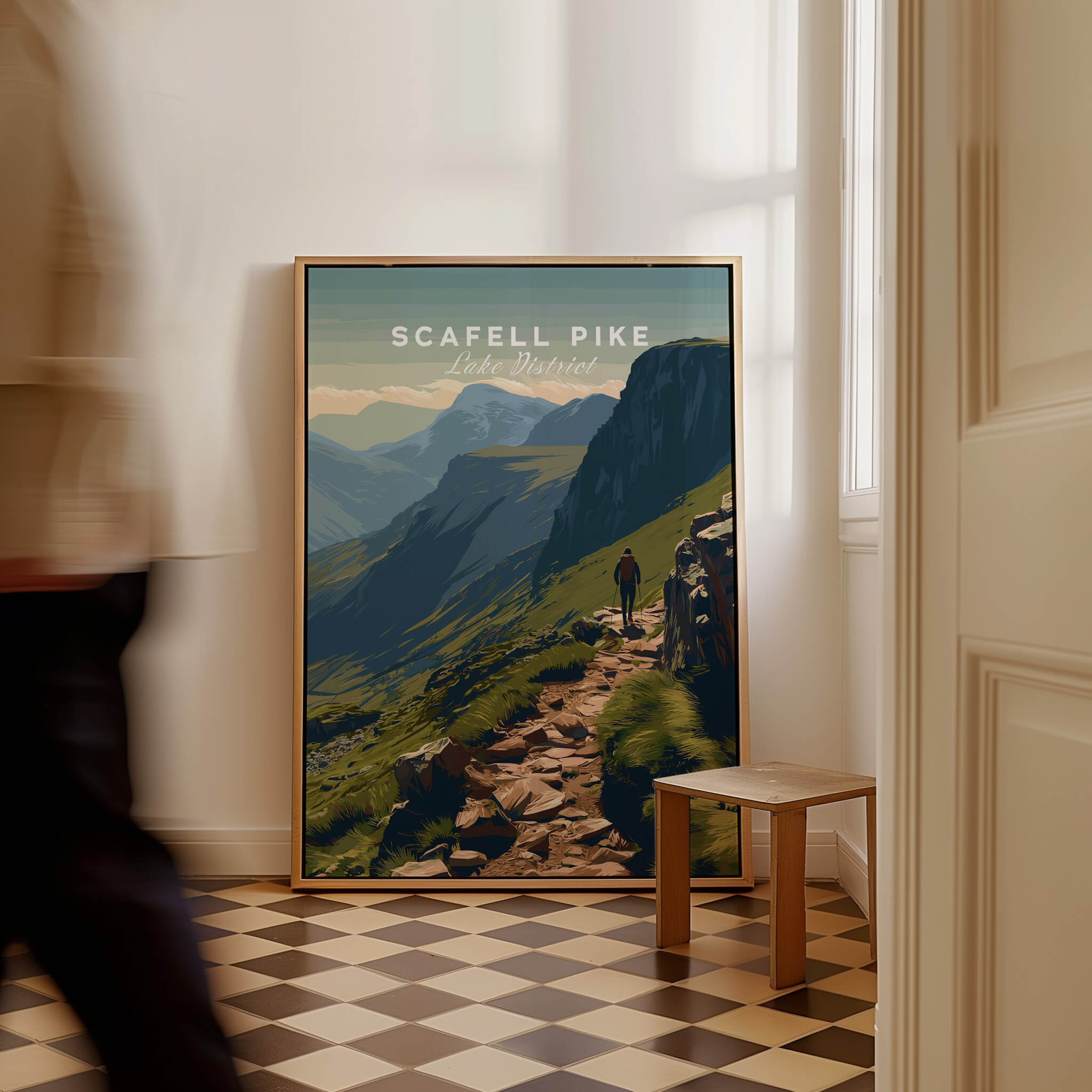 Scafell Pike Lake District Travel Poster | Mountain Valley View Wall Art Print displayed in a modern interior setting.
