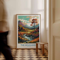 The Highlands Scotland Art Print displayed in a stylish home interior featuring vibrant colors and serene landscapes.