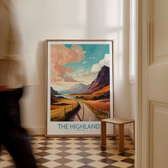 The Highlands Scotland Wall Art featuring vibrant landscape and rich colors, perfect for home or office decor.