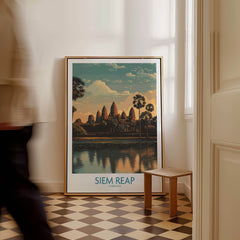 Siem Reap Canvas Print | Cambodia Khmer Poster displayed in a stylish interior with reflections on water.