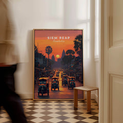 Siem Reap Wall Art Print | Cambodia Sunset Street Scene Travel Poster showcasing vibrant street life at sunset.