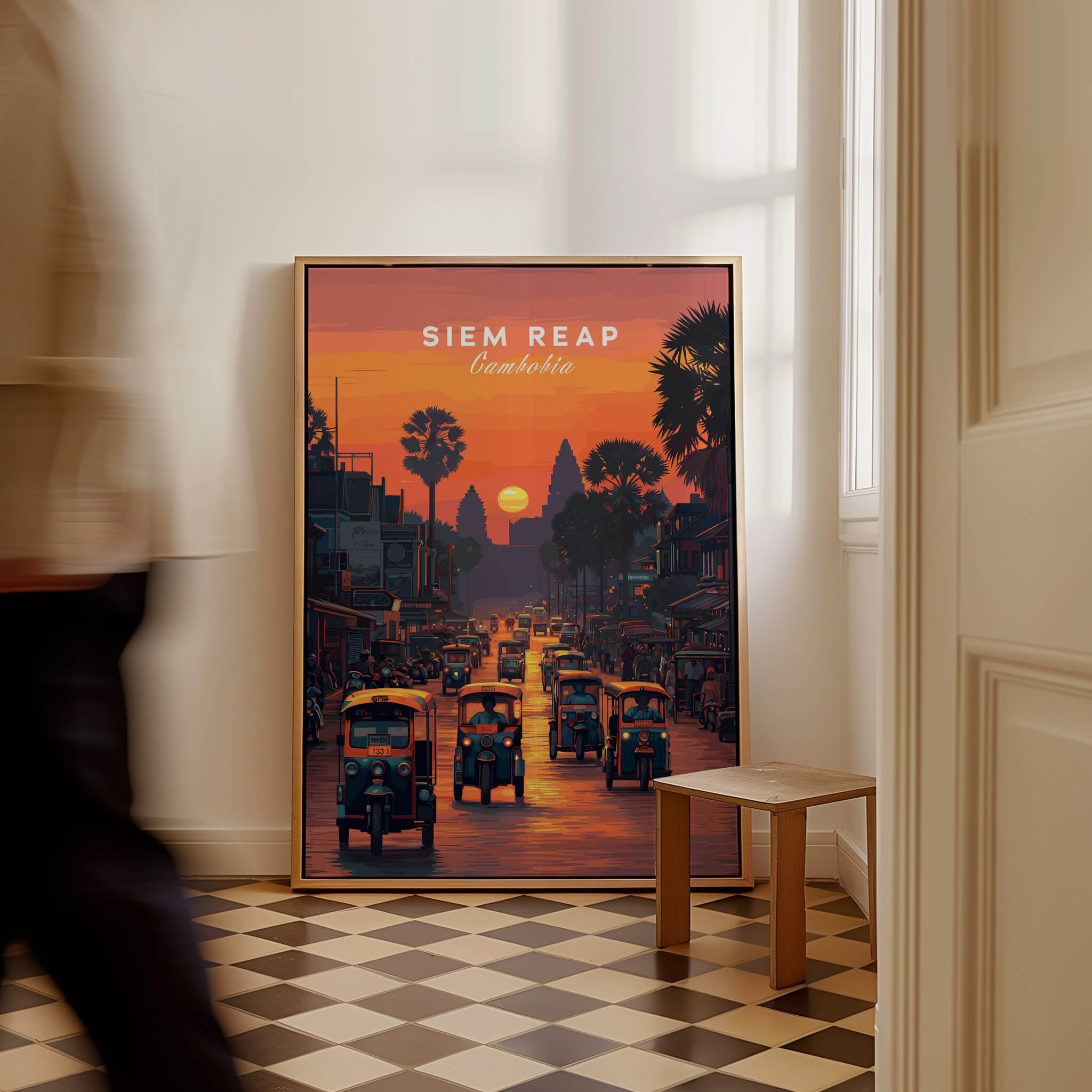 Siem Reap Wall Art Print | Cambodia Sunset Street Scene Travel Poster showcasing vibrant street life at sunset.
