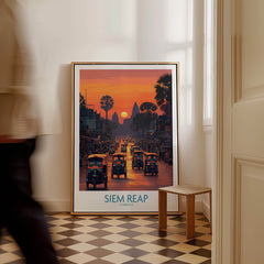 Siem Reap Poster | Bustling Tuk Tuk Cambodia Cityscape Canvas Print showcased in a stylish interior setting.