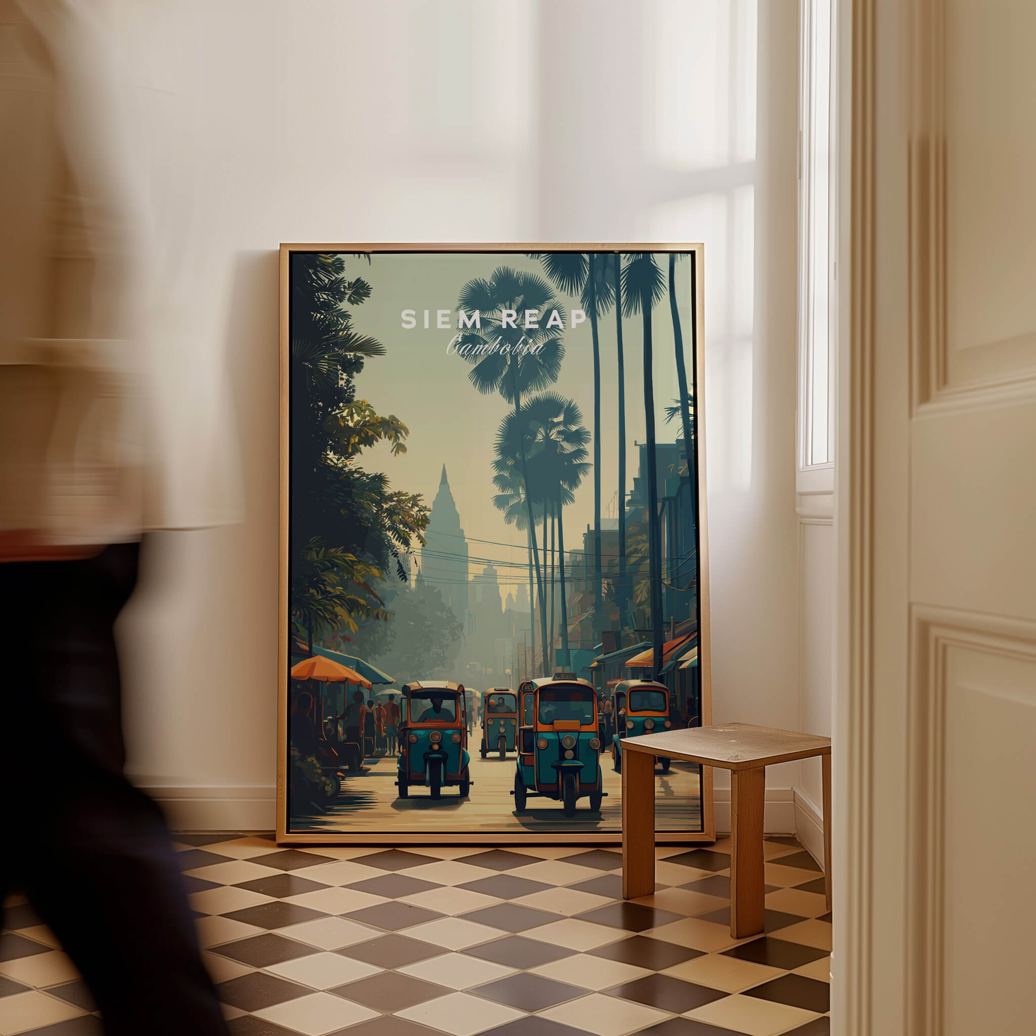 Siem Reap Cambodia Travel Poster | Tropical Town Street Wall Art Print featuring tuk-tuks and palm trees in a vibrant street scene.