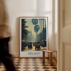 Siem Reap Cambodia Print | Canvas Poster featuring vibrant street scenes and tuk tuks in a stylish indoor setting.