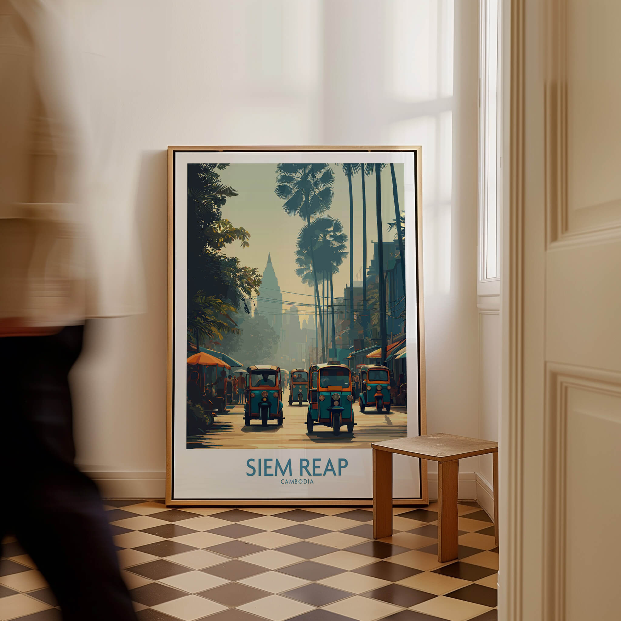 Siem Reap Cambodia Print | Canvas Poster featuring vibrant street scenes and tuk tuks in a stylish indoor setting.