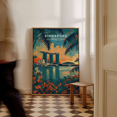 Singapore Wall Art Print - Southeast Asia Travel Poster featuring Marina Bay Sands and tropical foliage.