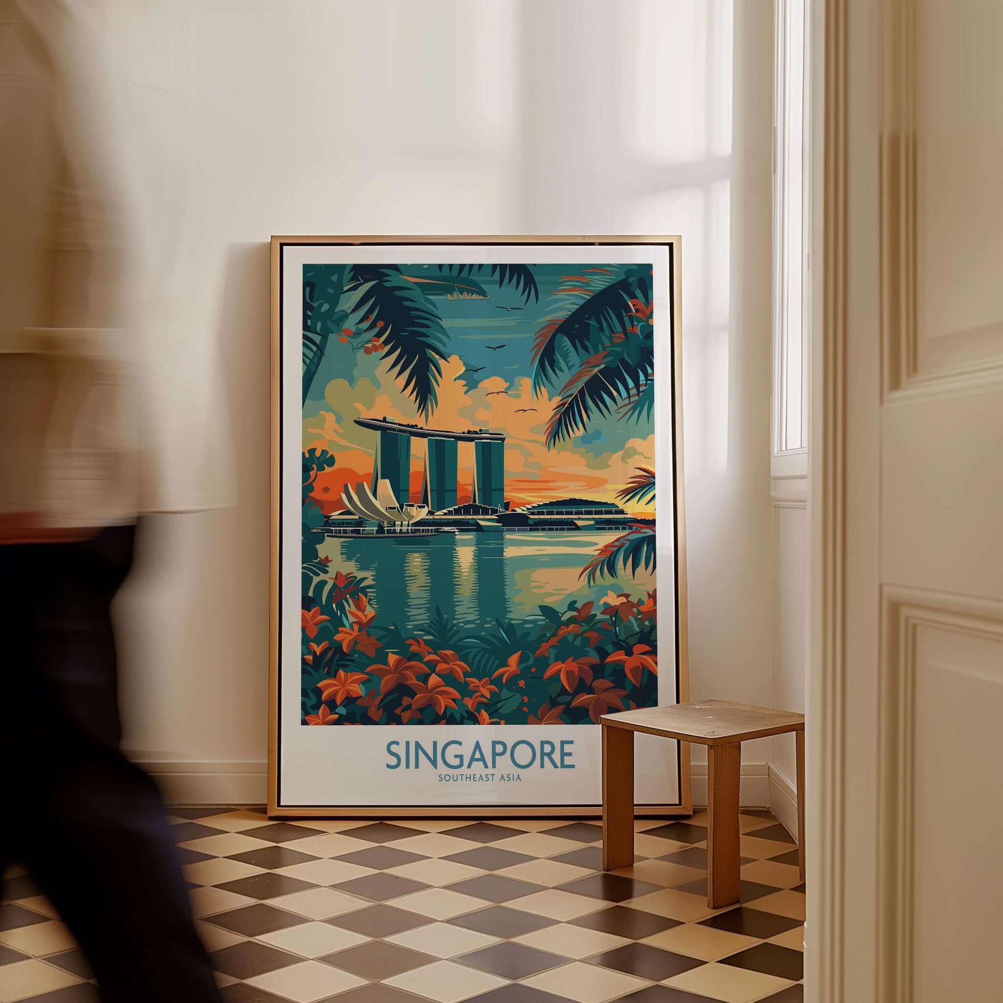 Singapore Travel Poster - Southeast Asia showcasing iconic Marina Bay Sands in vibrant colors.