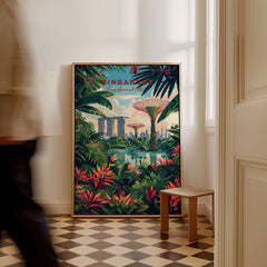 Singapore Marina Bay Poster featuring a vibrant cityscape and lush greenery in a stylish indoor setting.