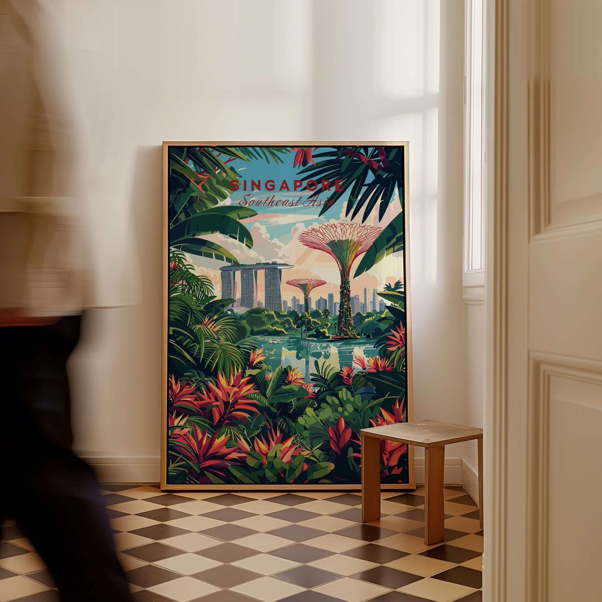 Singapore Marina Bay Poster featuring a vibrant cityscape and lush greenery in a stylish indoor setting.