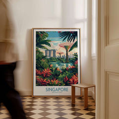 Singapore Gardens by the Bay Poster featuring vibrant greenery and iconic skyline in a living space.