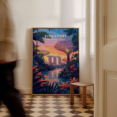 Singapore Poster showcasing Gardens by the Bay with vibrant colors and tropical plants, perfect for home decor.