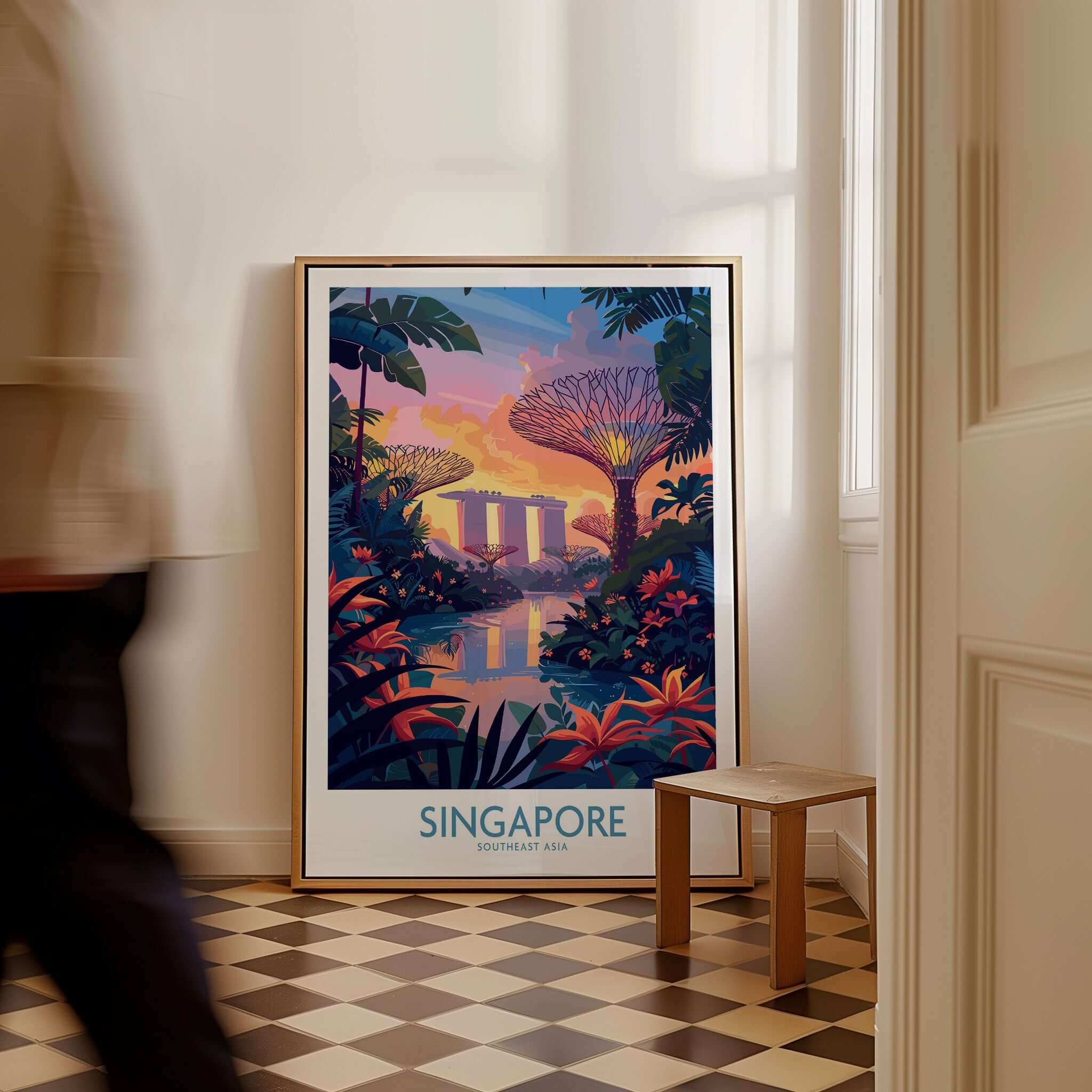 Singapore Wall Art showcasing vibrant colors and iconic landmarks of Singapore in a stylish interior setting.