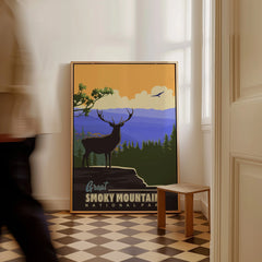 Smoky Mountains National Park framed wall art with deer silhouette and colorful landscape