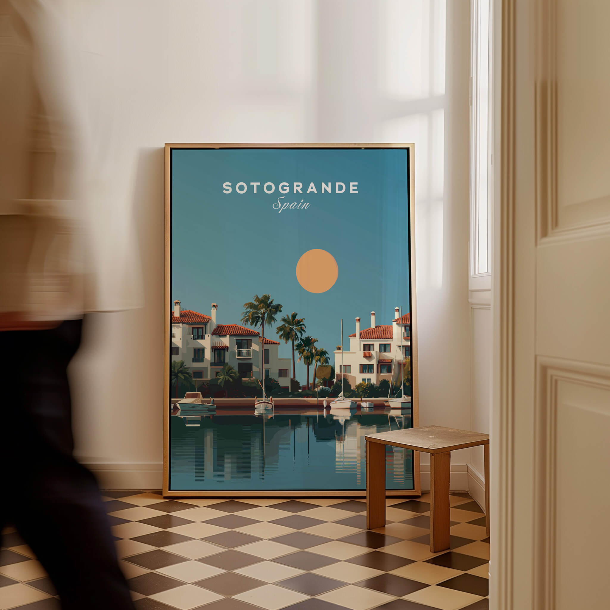 Sotogrande Spain Travel Poster | Luxury Marina & Boats Wall Art Print displayed in a stylish interior setting.