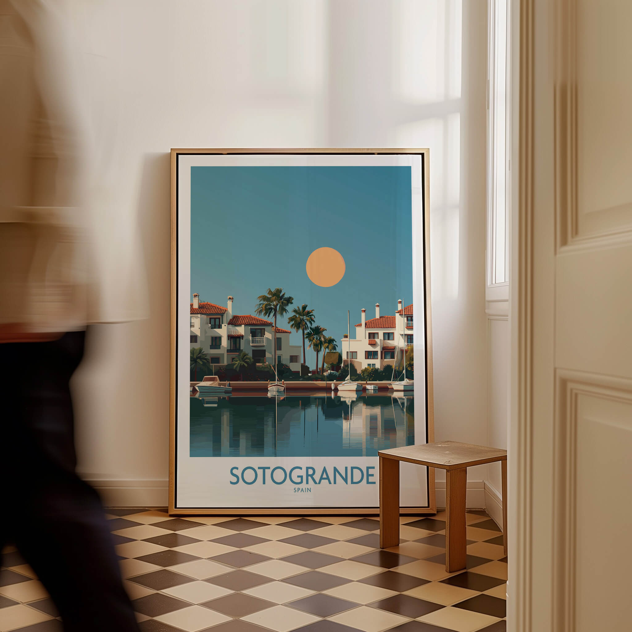 Sotogrande Spain Canvas Print | Mediterranean Waterfront Scenery Poster displayed in an elegant interior setting.