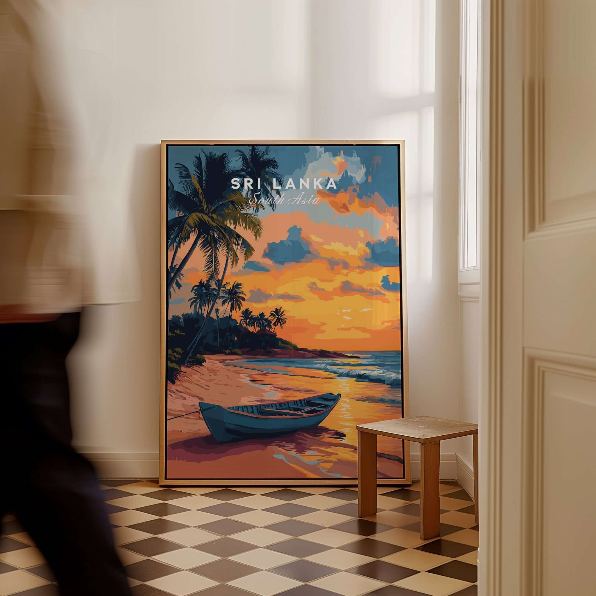 Sri Lanka Sunset Art - Tropical Beach Poster, South Asia Travel Print displayed in a stylish room setting.