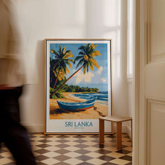 South Asia Travel Poster - Sri Lanka Coastal Print, Island Life Wall Art displayed in a cozy interior with beach scene.