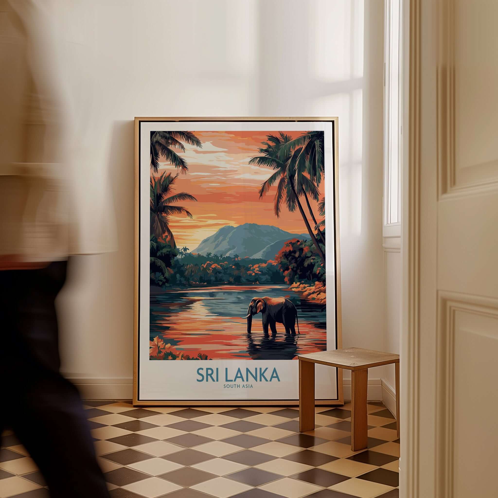 Sri Lanka Nature Art - Elephant in River Poster, Tropical Wildlife Print displayed in a home setting.