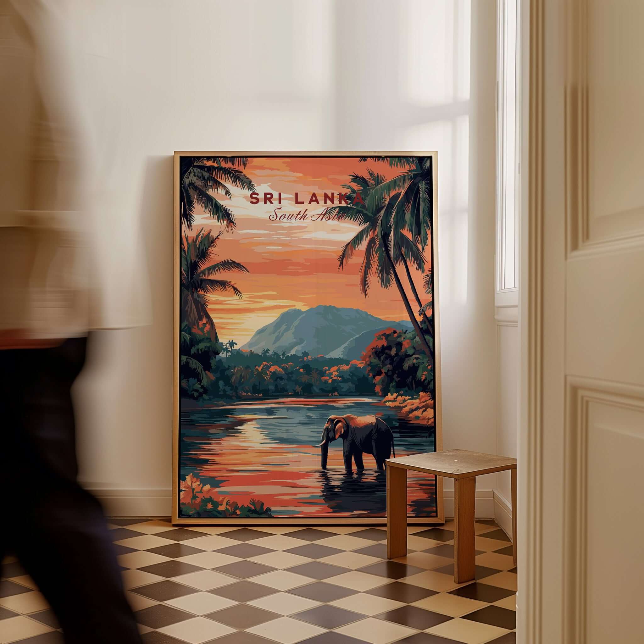 Sri Lanka Elephant Art - South Asia Travel Print, Wildlife Wall Decor featuring a majestic elephant by the water.