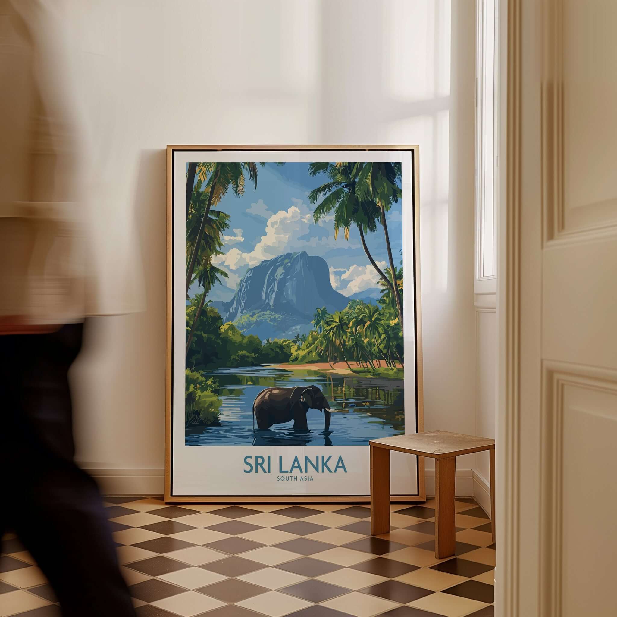 Sri Lanka Tropical Scene Wall Art - Elephant Print, Island Paradise Decor featuring a tranquil elephant near palm trees.