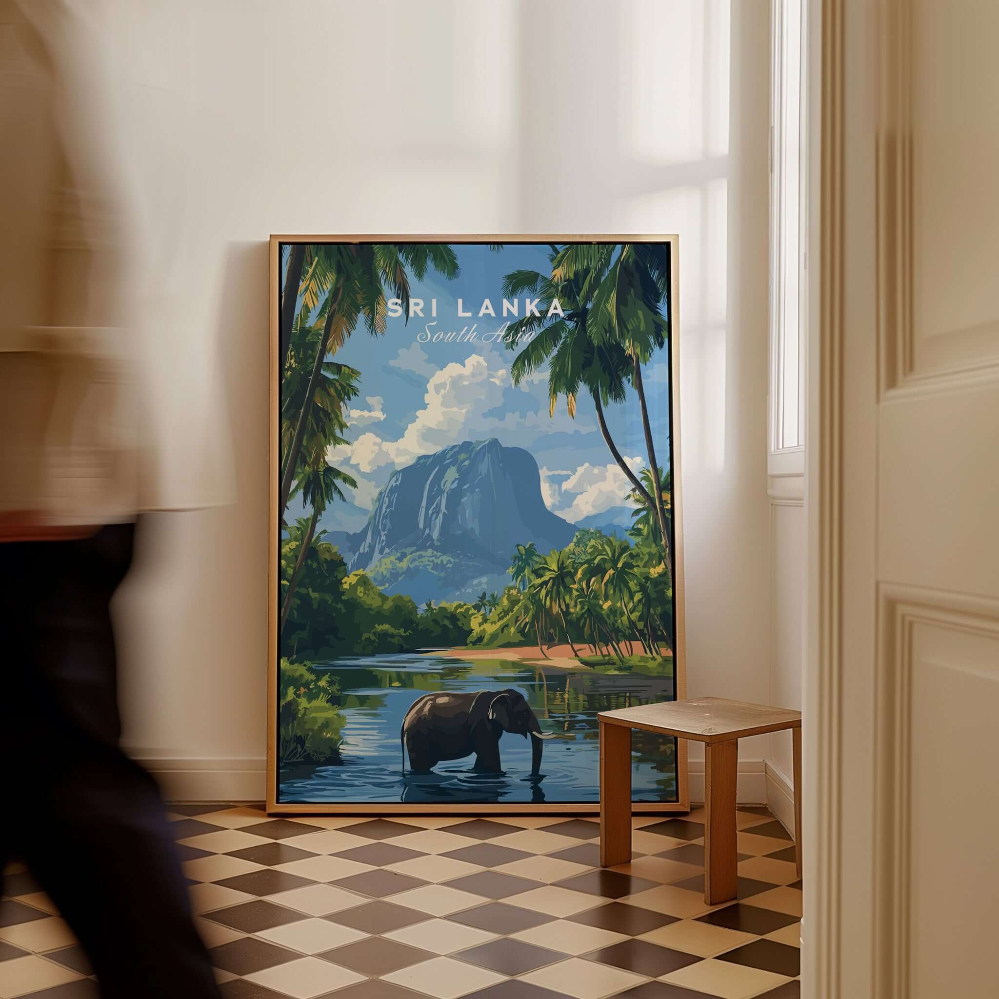 Sri Lanka Wildlife Poster - South Asia Landscape Art, Elephant Mountain View, featuring an elephant and lush mountains.