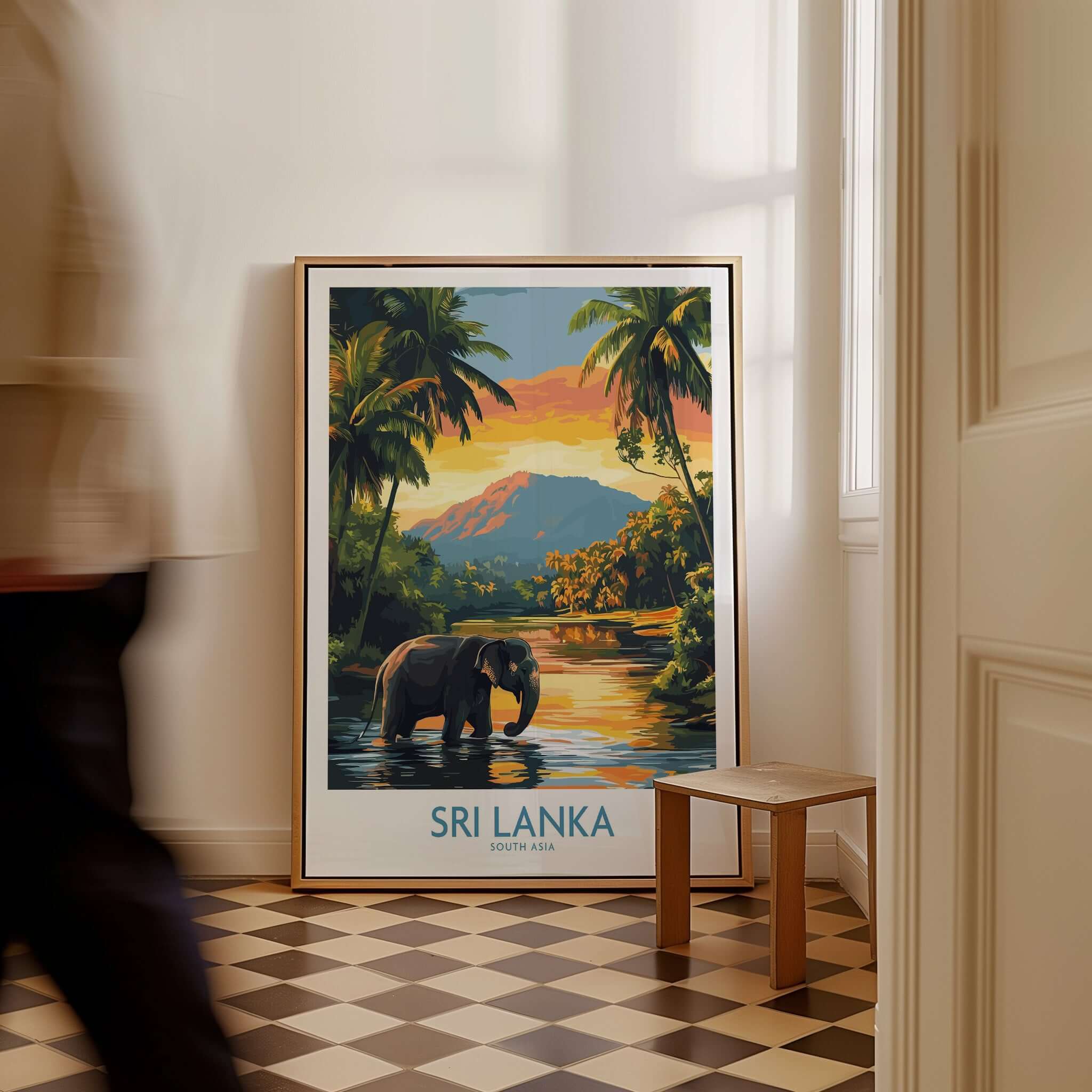 Sri Lanka Travel Art Print - Elephant Swimming Wall Art, Tropical Adventure Scene in a stylish interior setting.